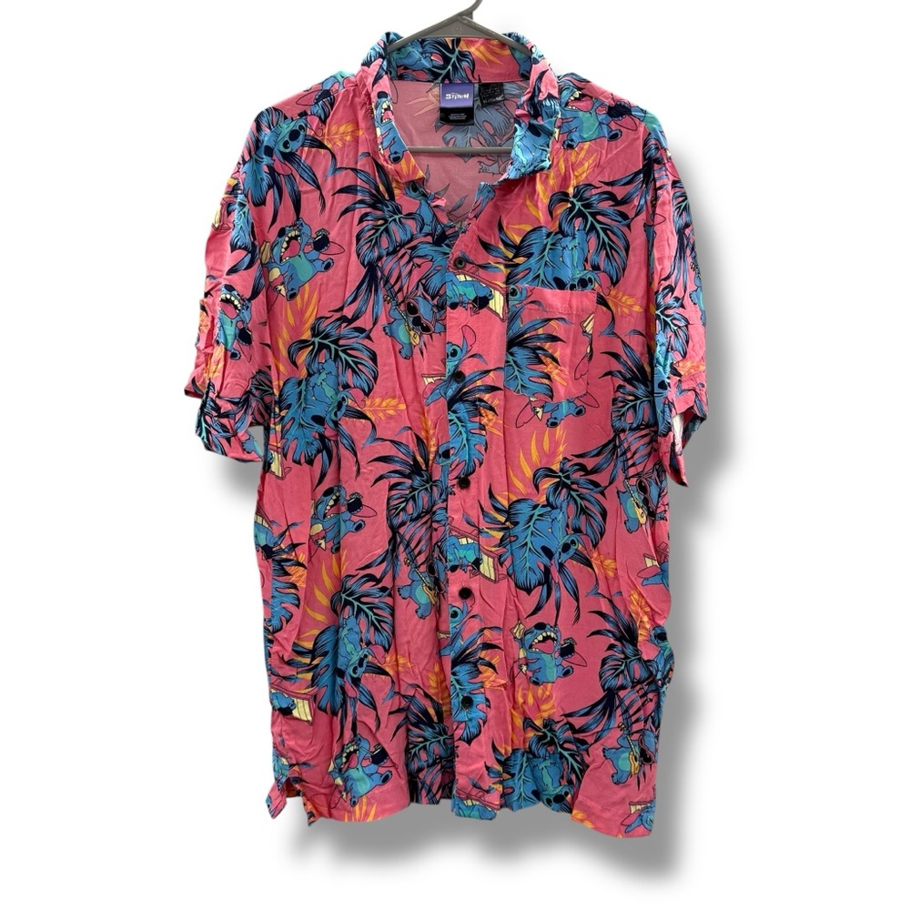 Disney Stitch Tropical Button Shirt Men’s Size XL Pink Blue Hawaiian